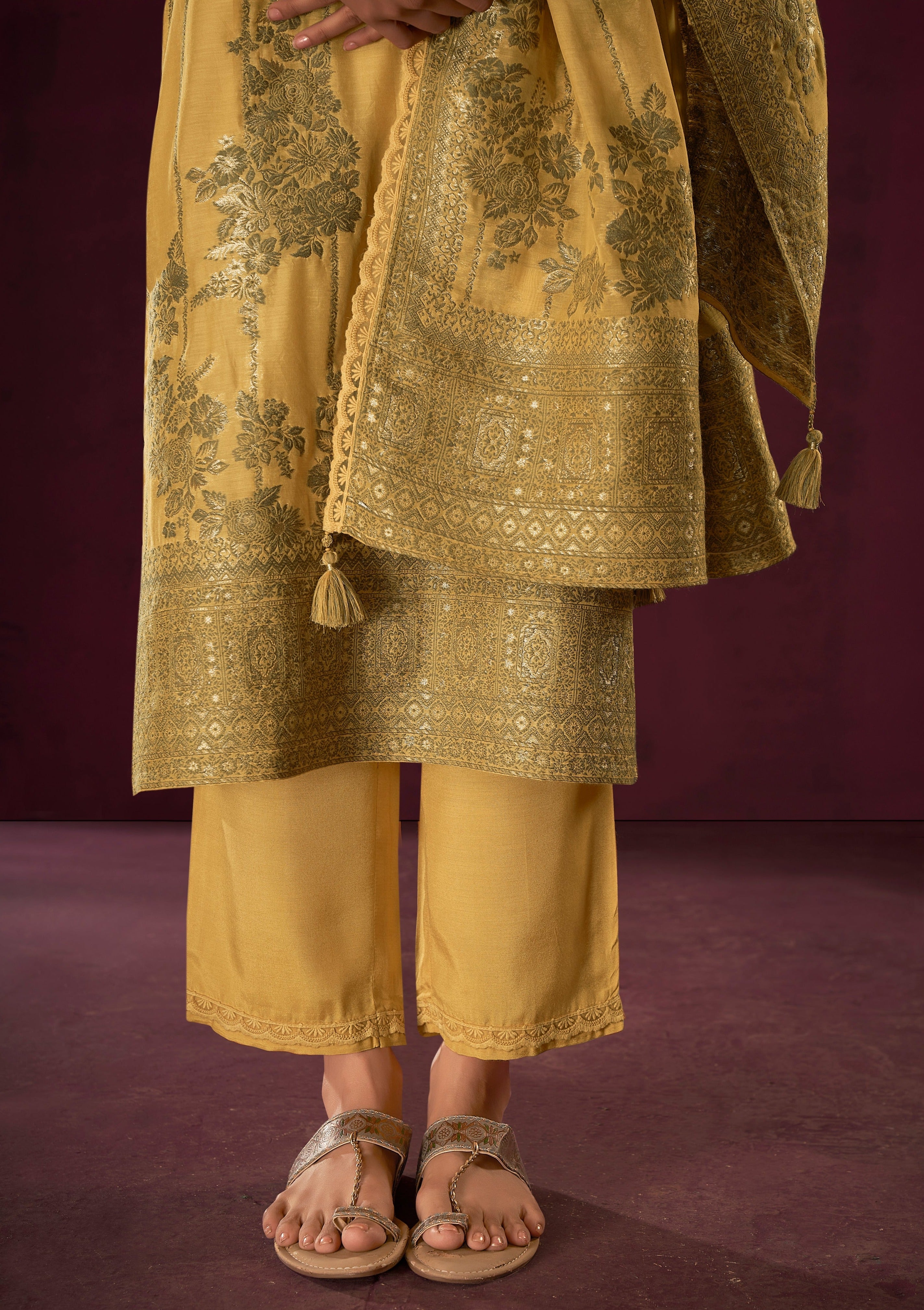 Yellow Chanderi Silk Kurta Set-fourbuttons-in