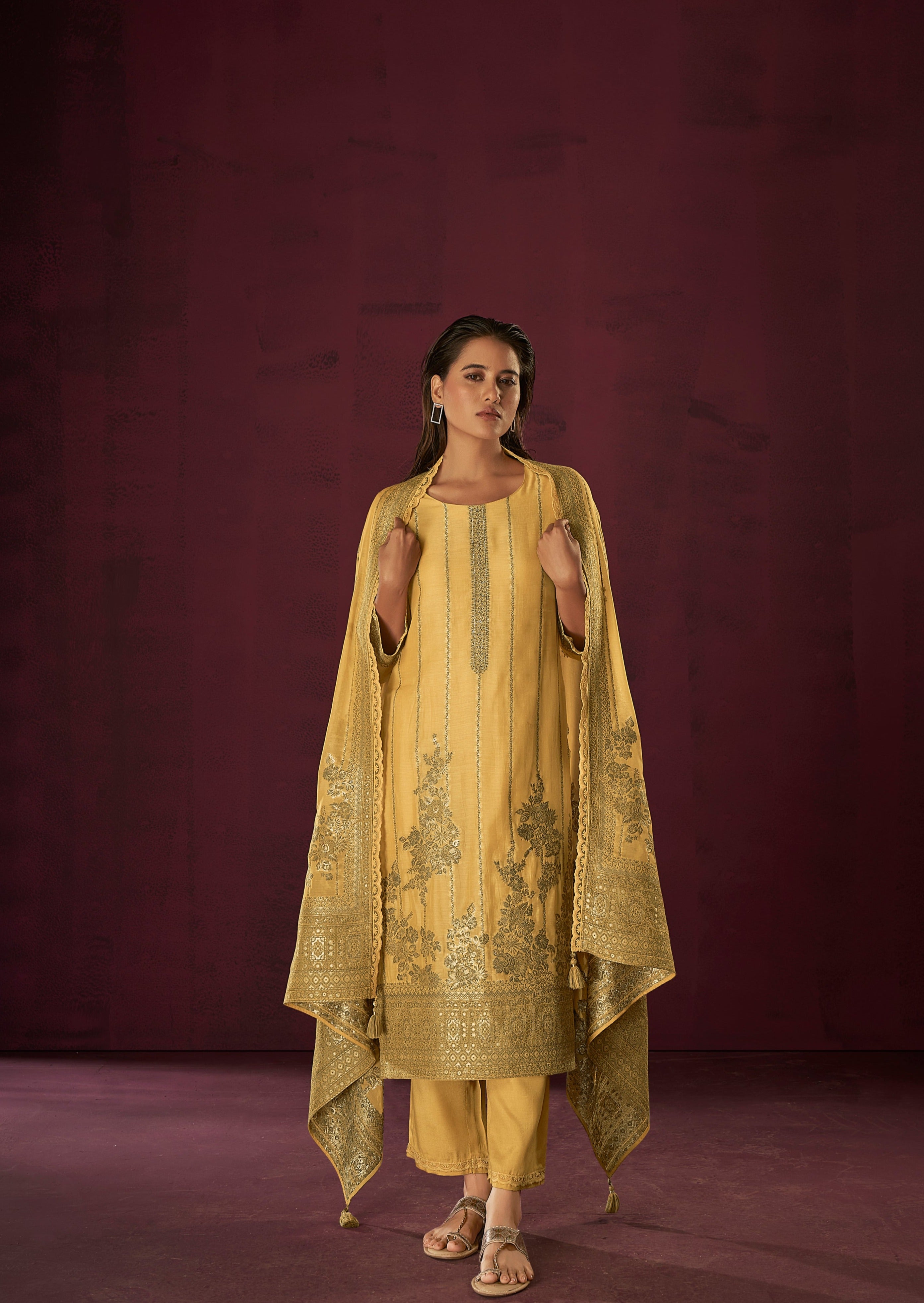 Yellow Chanderi Silk Kurta Set-fourbuttons-in