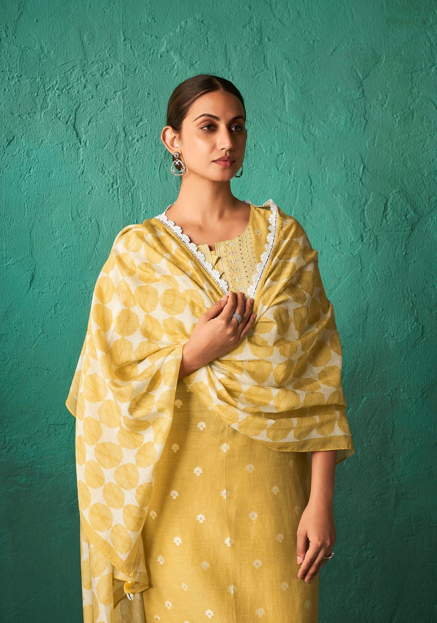 Yellow Linen Woven Silk Kurta Set-fourbuttons-in