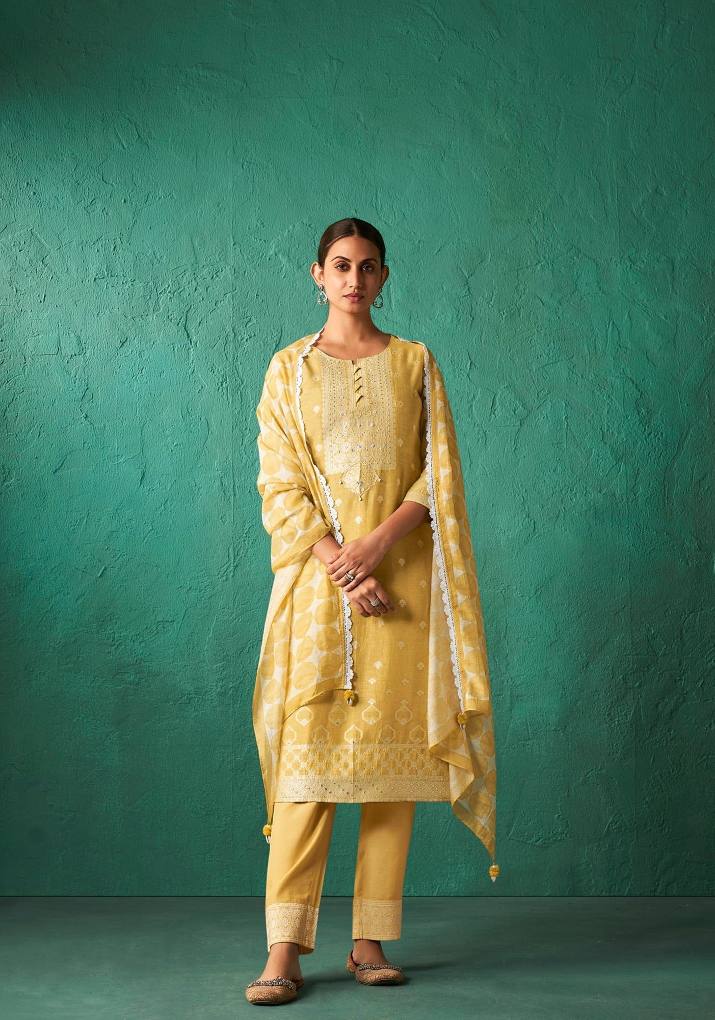 Yellow Linen Woven Silk Kurta Set-fourbuttons-in