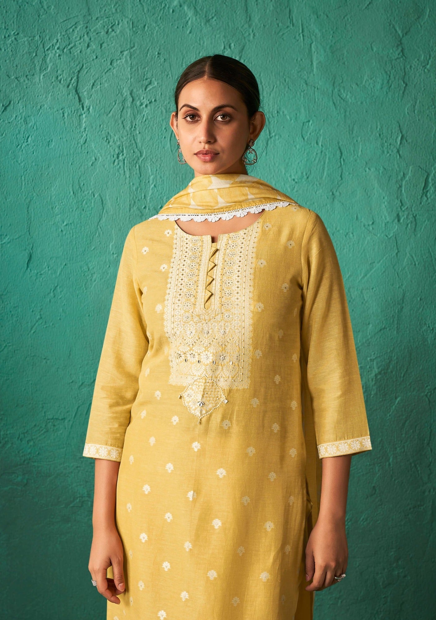 Yellow Linen Woven Silk Kurta Set-fourbuttons-in