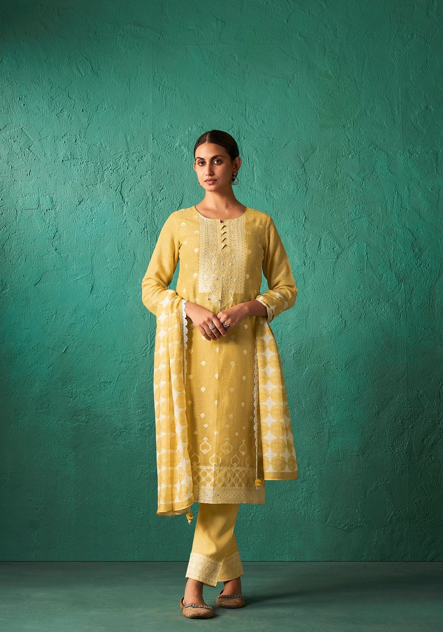 Yellow Linen Woven Silk Kurta Set-fourbuttons-in