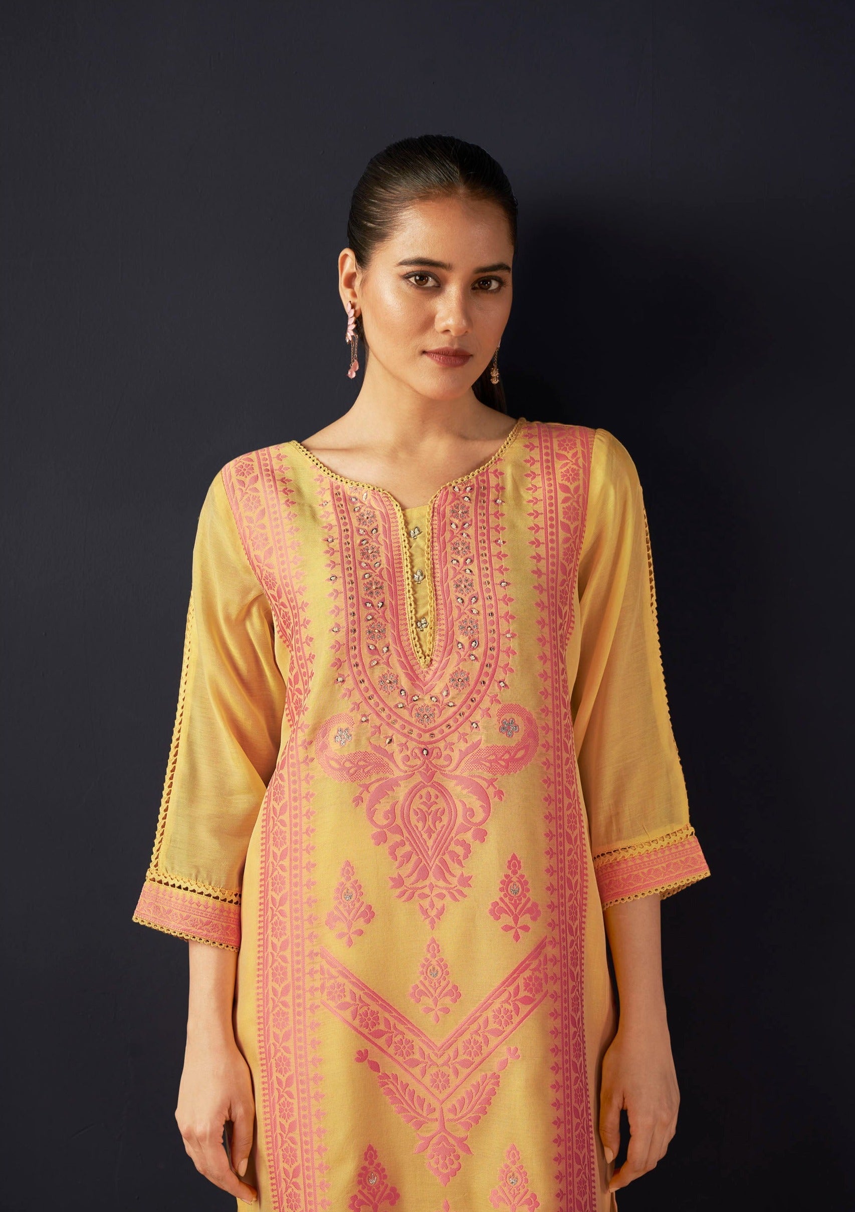 Yellow Woven Silk Kurta Set-fourbuttons-in