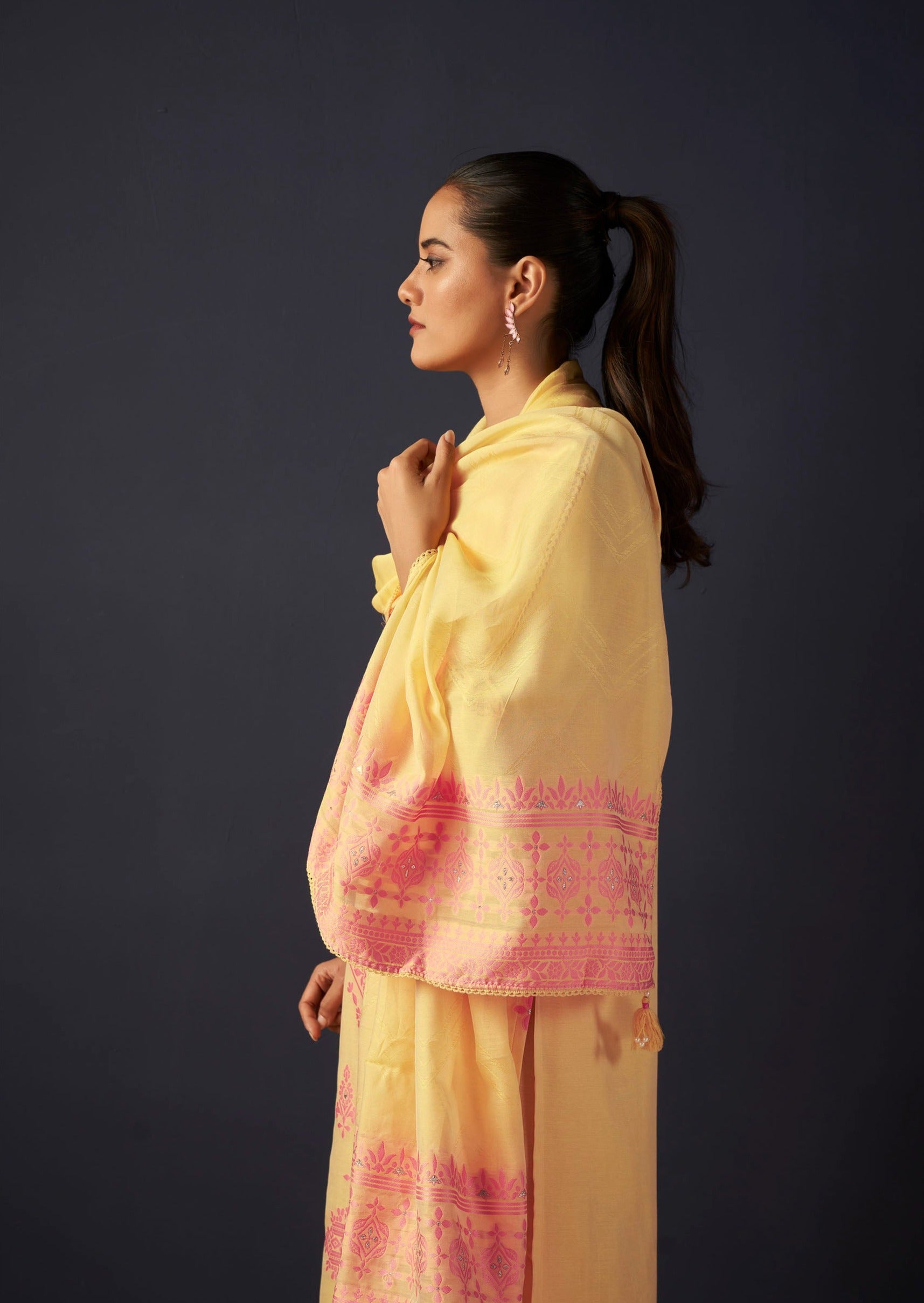 Yellow Woven Silk Kurta Set-fourbuttons-in