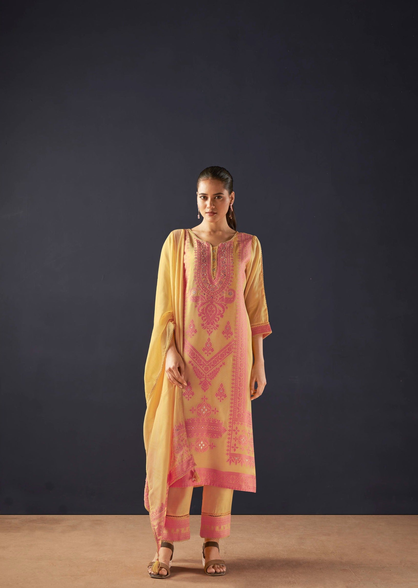 Yellow Woven Silk Kurta Set-fourbuttons-in